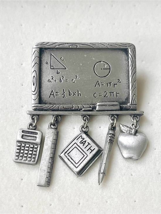 JJ Jonette Jewelry - Vintage JJ Pewter Math Teacher Blackboard Brooch - Dangle Charms
